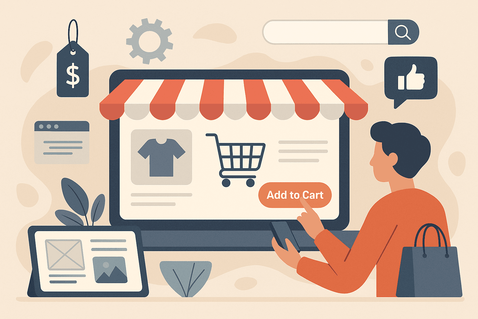 person shopping online through an e-commerce website, adding a product to the cart using a desktop and smartphone, surrounded by icons of pricing, reviews, and search.