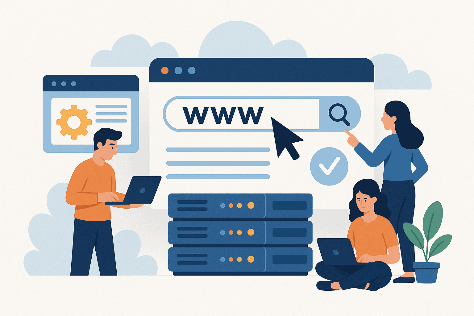a team managing website domain registration and hosting, featuring a browser search bar with 'www', server stacks, laptops, and web development interface elements.