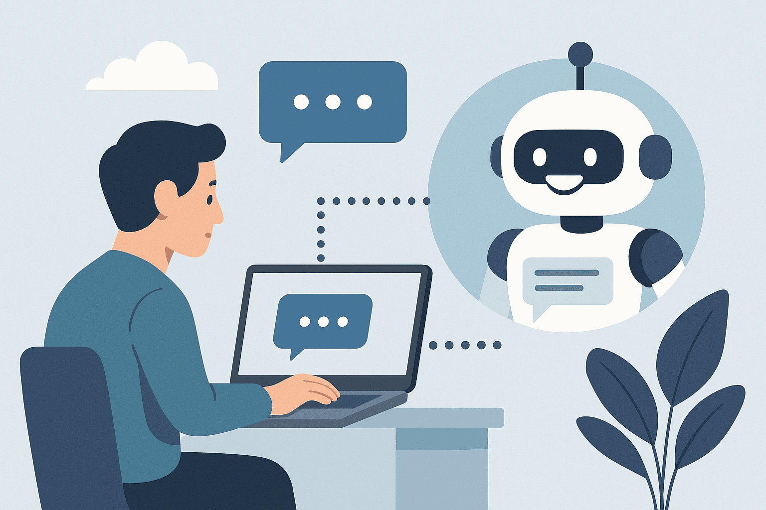 Illustration of a man chatting with an AI chatbot on a laptop, representing artificial intelligence in customer support and conversational automation.