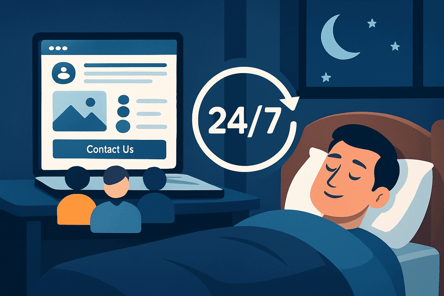 Business website generating 24/7 leads while owner sleeps, showing automated customer contact and online presence benefits.
