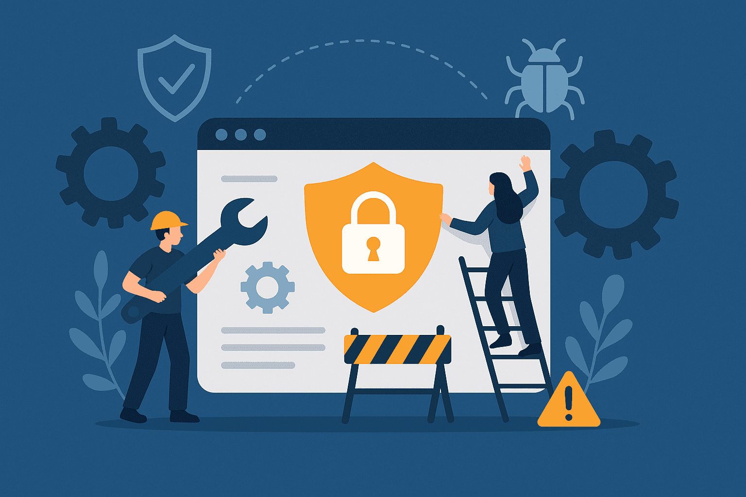 cybersecurity maintenance showing developers securing a website with a padlock shield, tools, warning signs, gears, and a bug icon representing protection from online threats.