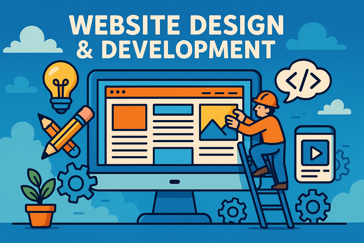 Illustration of website design and development process featuring a developer building a webpage on a large computer screen, surrounded by icons of coding, creativity, and responsive mobile design.