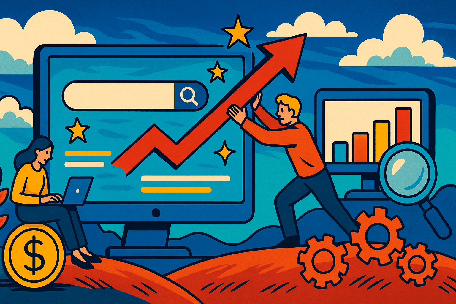 Illustration of digital marketing strategy with people boosting website SEO performance, featuring a search bar, rising arrow graph, analytics dashboard, gears, and a magnifying glass symbolizing SEO optimization and growth.