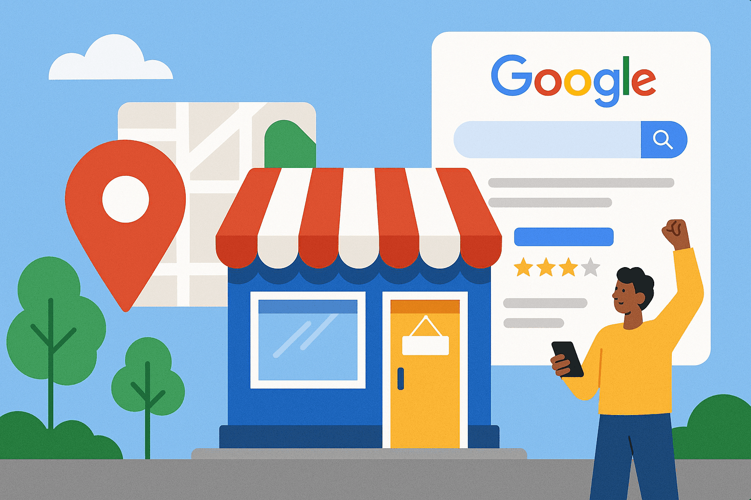 Local business ranking on Google with optimized business profile, map location, and positive customer reviews.