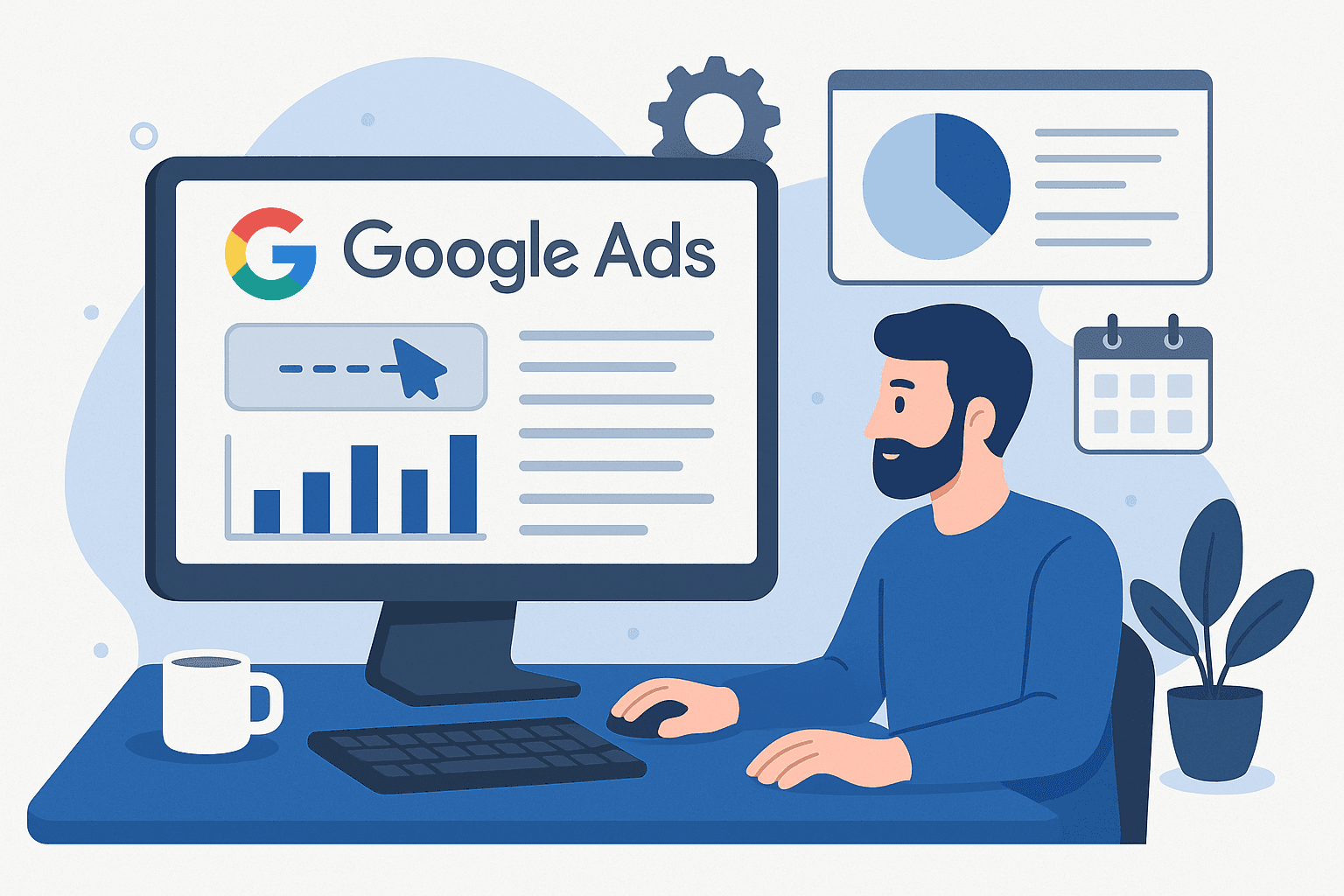 Illustration of a digital marketer analyzing Google Ads performance on a desktop, featuring ad metrics, graphs, pie chart, and campaign planning visuals for online advertising strategy.
