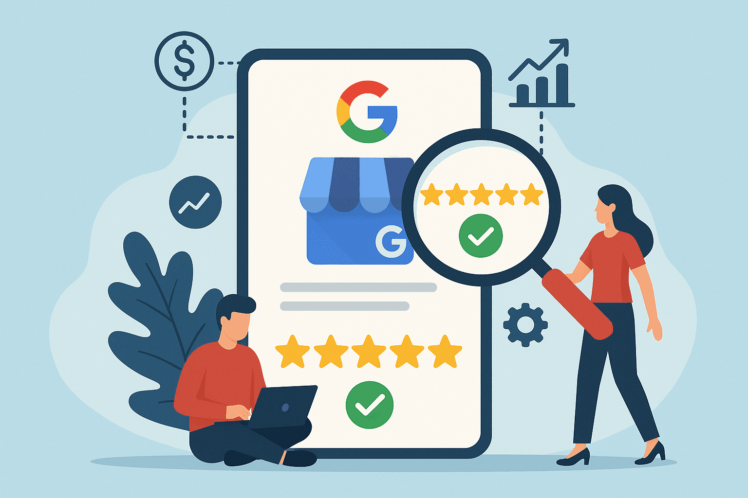 Illustration of people managing Google Business Profile reviews, showing five-star ratings, mobile interface, and local SEO optimization with analytics and performance icons.