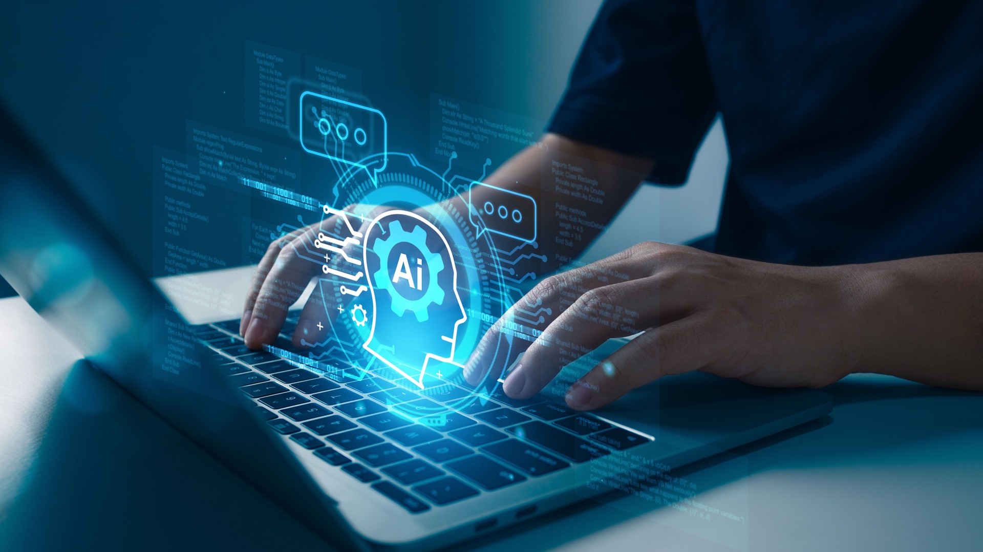 Businessman using laptop connection to Chatbot with AI (Artificial Intelligence) technology enter command prompt for generates to solve problems.