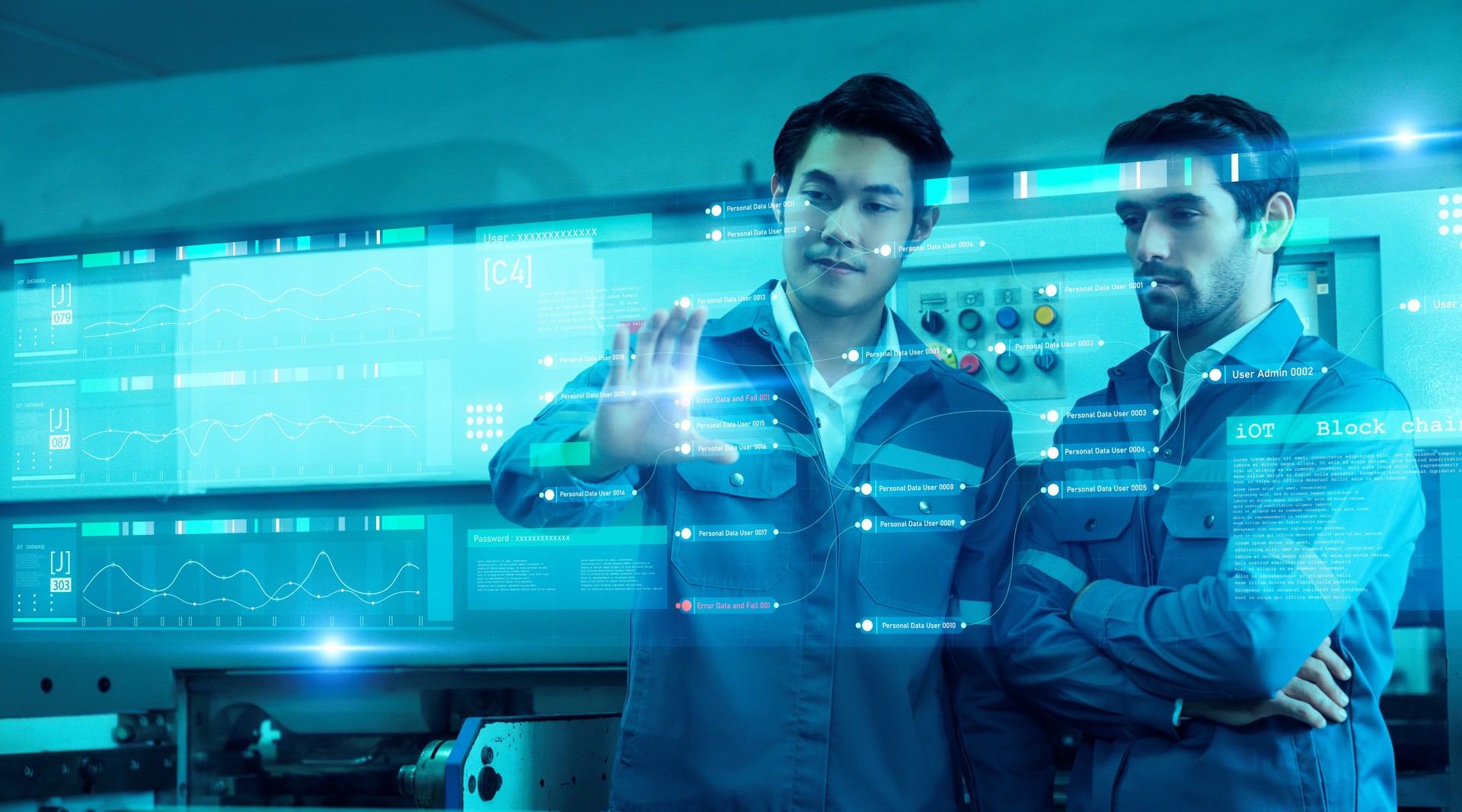 Engineer smart factory machine augmented reality digital technology futuristic, industry artificial intelligence technology app system production control