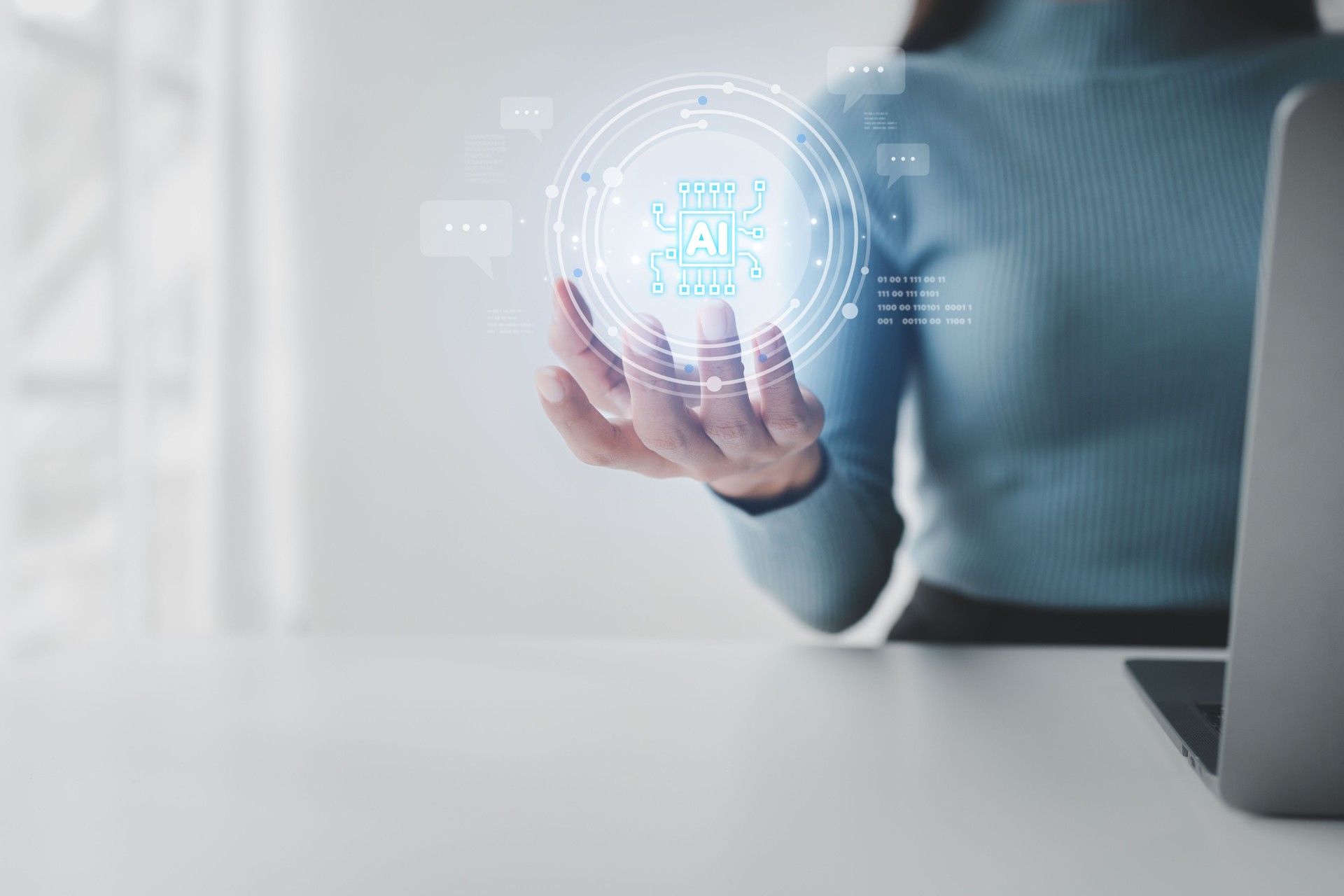 Individuals with artificial intelligence brain holograms or AI, business people use AI technology to help manage the organization for maximum efficiency. The concept of using AI in startup companies.